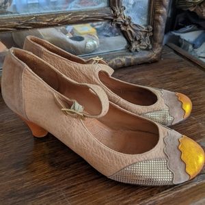 Chie Mihara Anthropologie Leather Heels with metallic and suede detailing